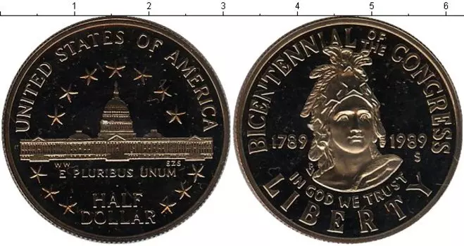 Монета 1/2 доллара Америки 1989 года Медно-никель 200-летие Конгресса