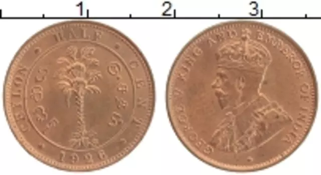 Монета 1/2 цента Цейлона 1926 года Медь Георг V