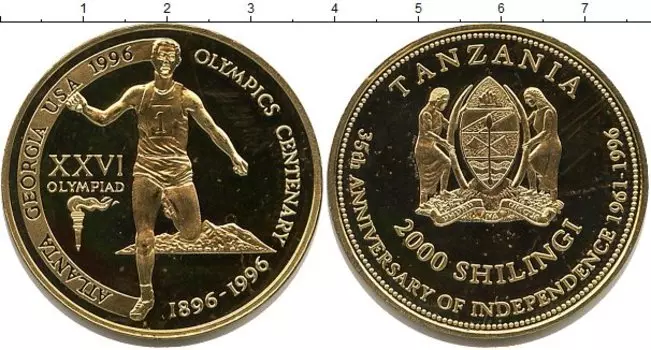 Монета 2000 шиллингов Танзании 1996 года Латунь XXVI Олимпиада Атланта