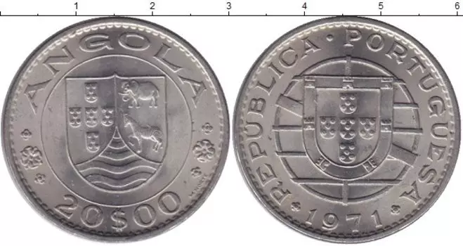 Монета 20 эскудо Анголы 1971 года Медно-никель Колония Португалии