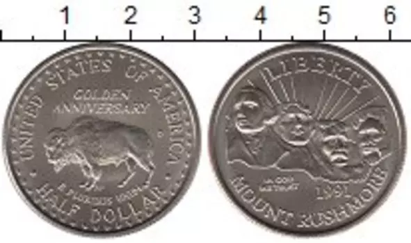 Монета 1/2 доллара Америки 1991 года Медно-никель 50-летие монумента ``Гора Рашмор``