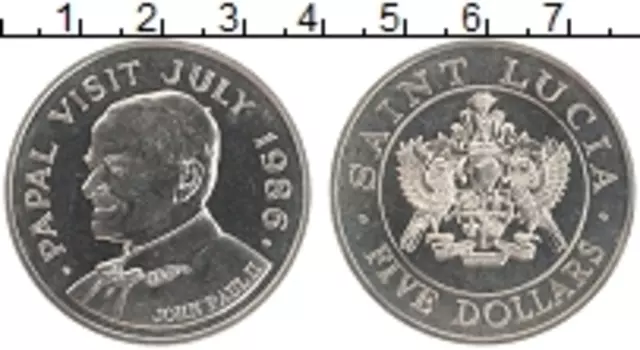 Монета 5 долларов Сент-Люсии 1986 года Медно-никель Визит папы Иоанна Павла II