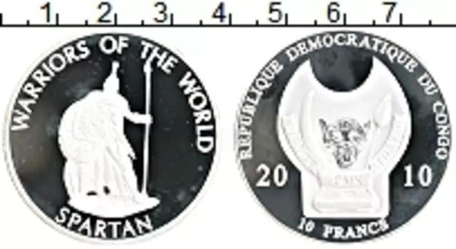 Монета 10 франков Конго 2010 года Посеребрение Спартанец