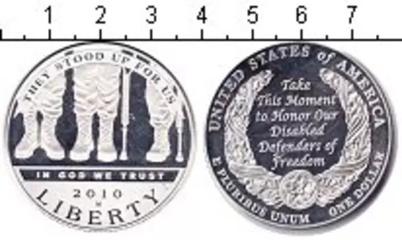 Монета доллар Америки 2010 года Серебро Инвалиды войны