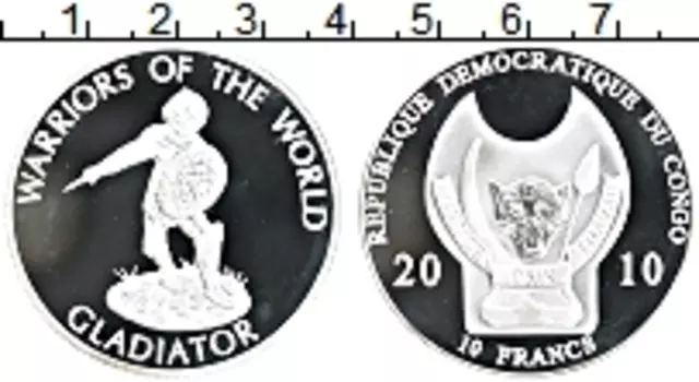 Монета 10 франков Конго 2010 года Посеребрение Гладиатор