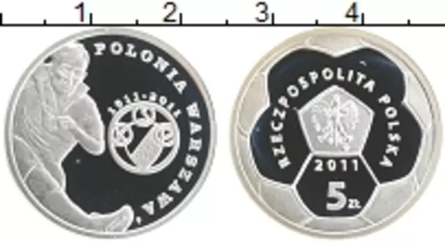 Монета 5 злотых Польши 2011 года Серебро `Польские Футбольные Клубы - ``Полония `` Варшава`