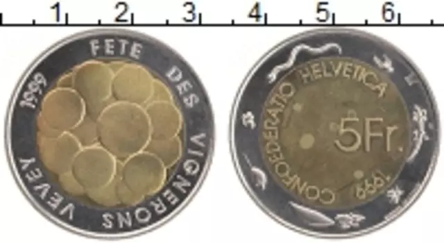 Монета 5 франков Швейцарии 1999 года Биметалл Виноград