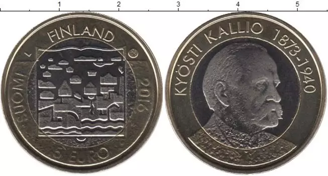 Монета 5 евро Финляндии 2016 года Биметалл Кюсти Каллио