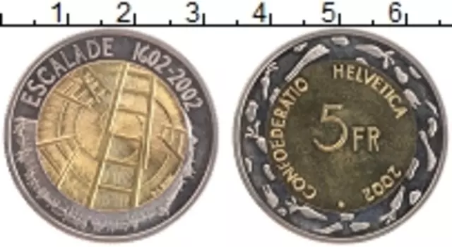 Монета 5 франков Швейцарии 2002 года Биметалл