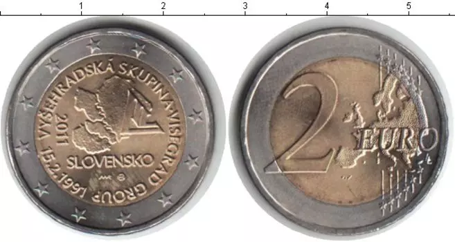 Монета 2 евро Словакии 2011 года Биметалл 20 лет формирования Вишеградской группы