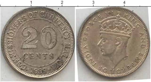 Монета 20 центов Малайи 1939 года Серебро Георг VI