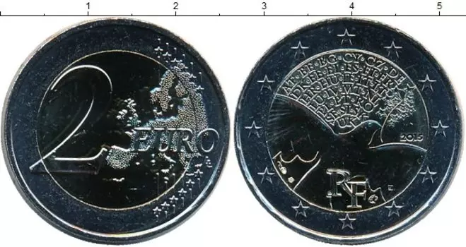 Монета 2 евро Франции 2015 года Биметалл 70 лет мира в Европе