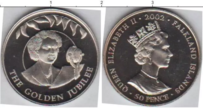 Монета 50 пенсов Фолклендских островов 2002 года Медно-никель Золотой юбилей правления Елизаветы II