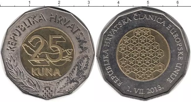 Монета 25 кун Хорватии 2011 года Биметалл Договор о вступлении Хорватии в Европейский союз