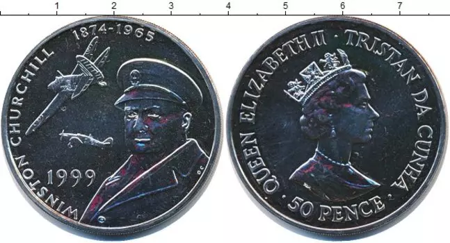 Монета 50 пенсов Тристан-да-Куньи 1999 года Медно-никель Королева Елизавета, Черчиль