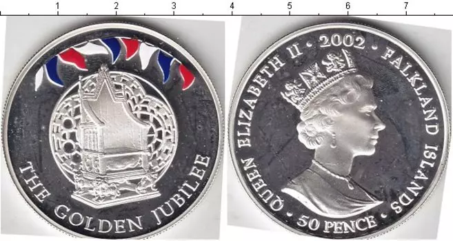 Монета 50 пенсов Фолклендских островов 2002 года Медно-никель Золотой юбилей