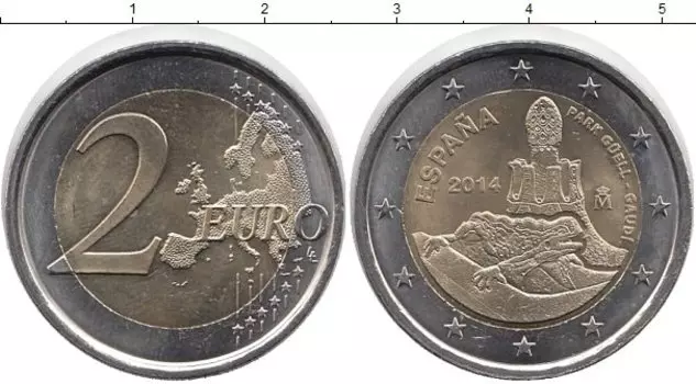 Монета 2 евро Испании 2014 года Биметалл Парк Гуэля