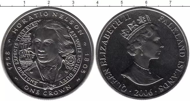Монета крона Фолклендских островов 2006 года Медно-никель Адмирал Нельсон