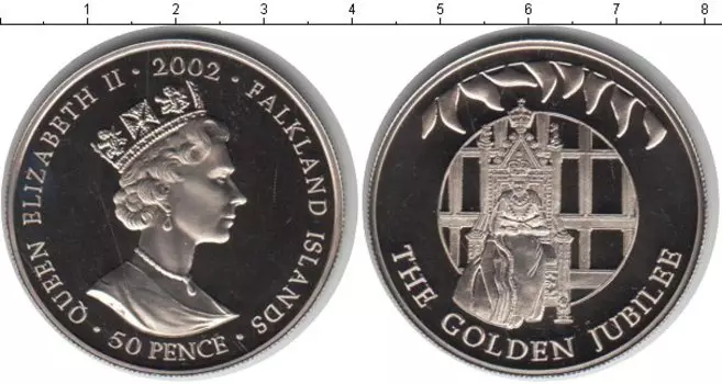 Монета 50 пенсов Фолклендских островов 2002 года Медно-никель Золотой юбилей правления Елизаветы 2