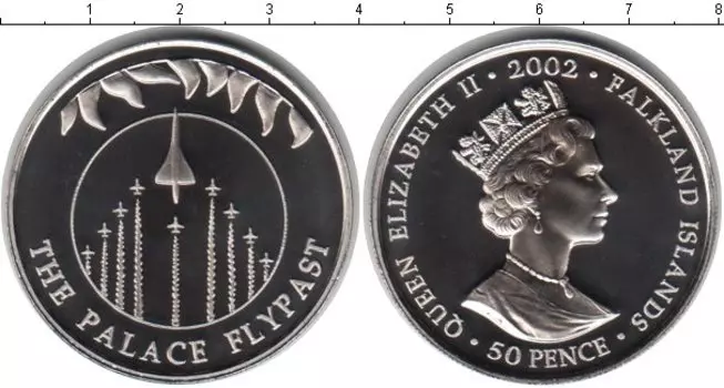 Монета 50 пенсов Фолклендских островов 2002 года Медно-никель Воздушный парад