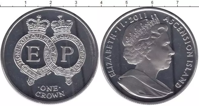 Монета крона Аскенсиона 2011 года Медно-никель Елизавета II и Филипп