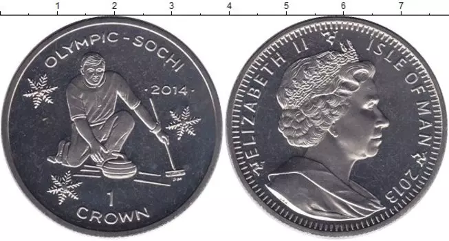 Монета крона Острова Мэн 2013 года Медно-никель Олимпийские игры 2014 в Сочи