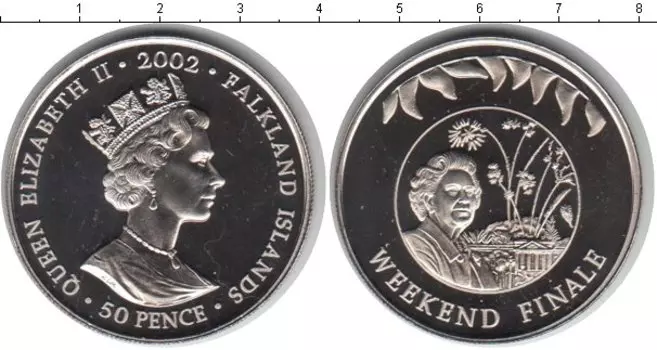 Монета 50 пенсов Фолклендских островов 2002 года Медно-никель Королева Елизавета 2