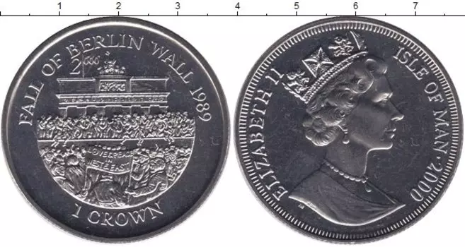 Монета крона Острова Мэн 2000 года Медно-никель Падение берлинской стены