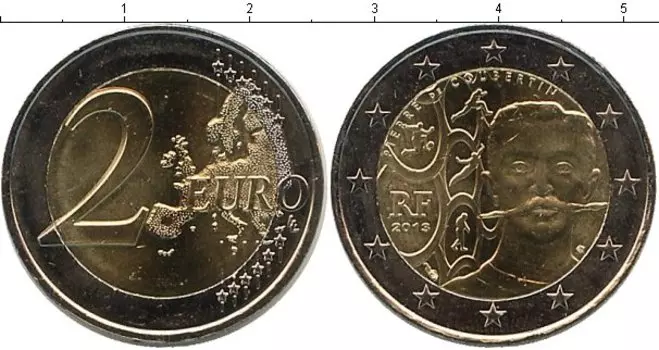 Монета 2 евро Франции 2013 года Биметалл 150 лет со дня рождения Пьера де Кубертена