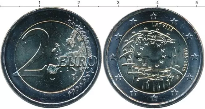 Монета 2 евро Латвии 2015 года Биметалл