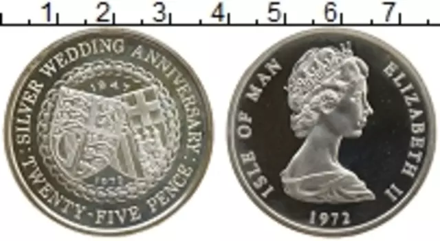 Монета 25 пенсов Острова Мэн 1972 года Серебро Серебряный юбилей