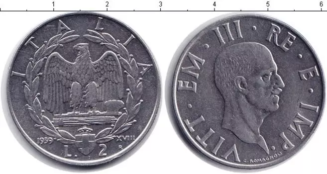 Монета 2 лиры Италии 1939 года Медно-никель Витторио Имануил III