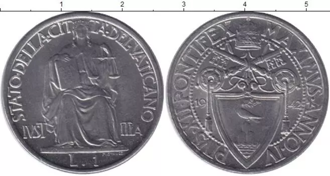 Монета лира Ватикана 1942 года Медно-никель Пий XII