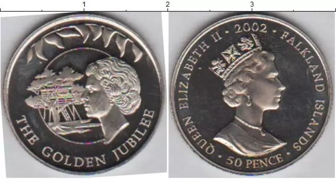 Монета 50 пенсов Фолклендских островов 2002 года Медно-никель Золотой юбилей правления Елизаветы II