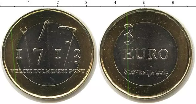 Монета 3 евро Словении 2013 года Биметалл 300 лет крестьянскому восстанию в Толмино