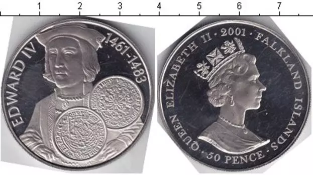 Монета 50 пенсов Фолклендских островов 2001 года Медно-никель Елизавета II Эдвард IV