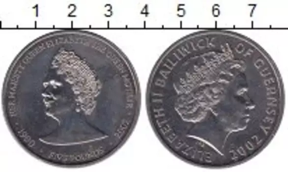 Монета 5 фунтов Гернси 2002 года Медно-никель Королева-мать