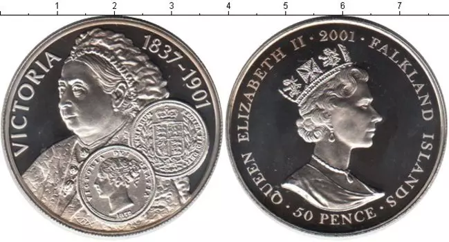 Монета 50 пенсов Фолклендских островов 2001 года Медно-никель 100 лет со дня смерти королевы Виктории