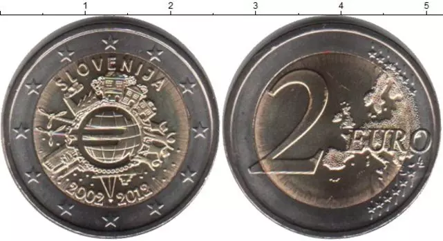 Монета 2 евро Словении 2012 года Биметалл 10 лет наличному обращению евро