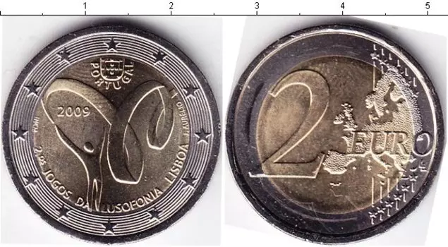 Монета 2 евро Португалии 2009 года Биметалл Спортивные игры португалоязычных