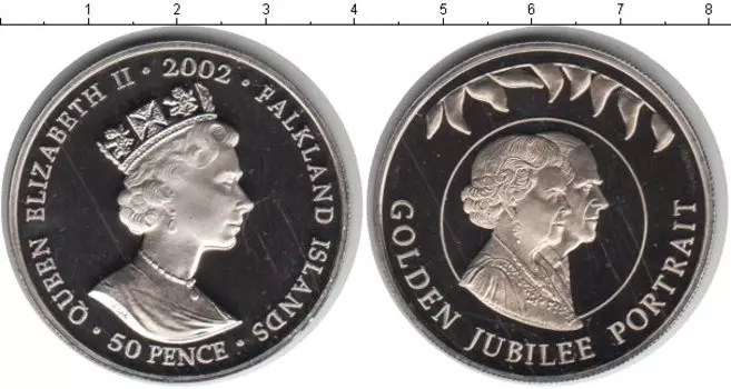 Монета 50 пенсов Фолклендских островов 2002 года Медно-никель Золотой юбилей свадьбы Елизаветы второй