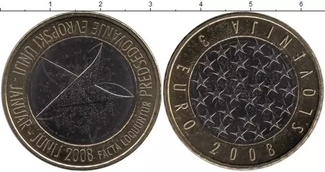 Монета 3 евро Словении 2008 года Биметалл Председательство в Европейском союзе