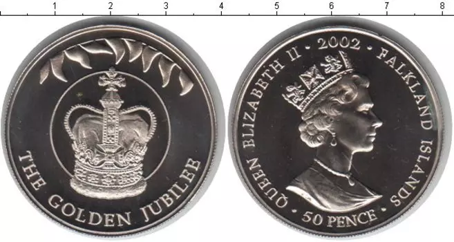 Монета 50 пенсов Фолклендских островов 2002 года Медно-никель золотой юбилей правления
