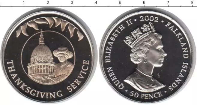 Монета 50 пенсов Фолклендских островов 2002 года Медно-никель Елизавета II