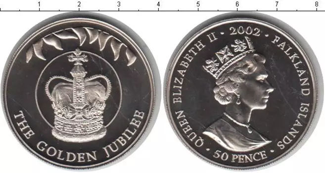 Монета 50 пенсов Фолклендских островов 2002 года Медно-никель Золотой юбилей