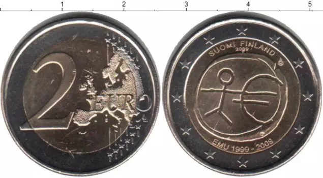 Монета 2 евро Финляндии 2009 года Биметалл 10 лет Экономическому и валютному союзу