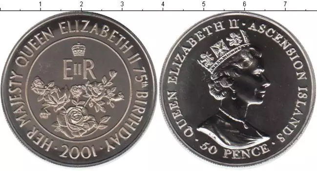 Монета 50 пенсов Острова Вознесения 2001 года Медно-никель 75-летие Елизаветы II