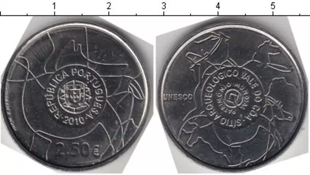 Монета 2 1/2 евро Португалии 2010 года Медно-никель Археологический парк долины Коа