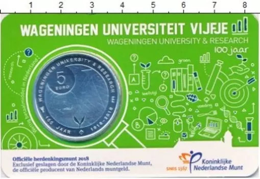 Набор монет 5 евро Нидерланд 2018 года Посеребрение ?? "Вагенингенский университет и исследования - 100 лет" - Памятная монета 5 евро ?? Отметьте вековой юбилей Вагенингенского университета с этой эксклюзивной монетой, выпущенной Королевским Нидерландским монетным двором