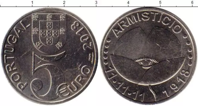 Монета 5 евро Португалии 2018 года Медно-никель 100 лет окончания Первой Мировой войны